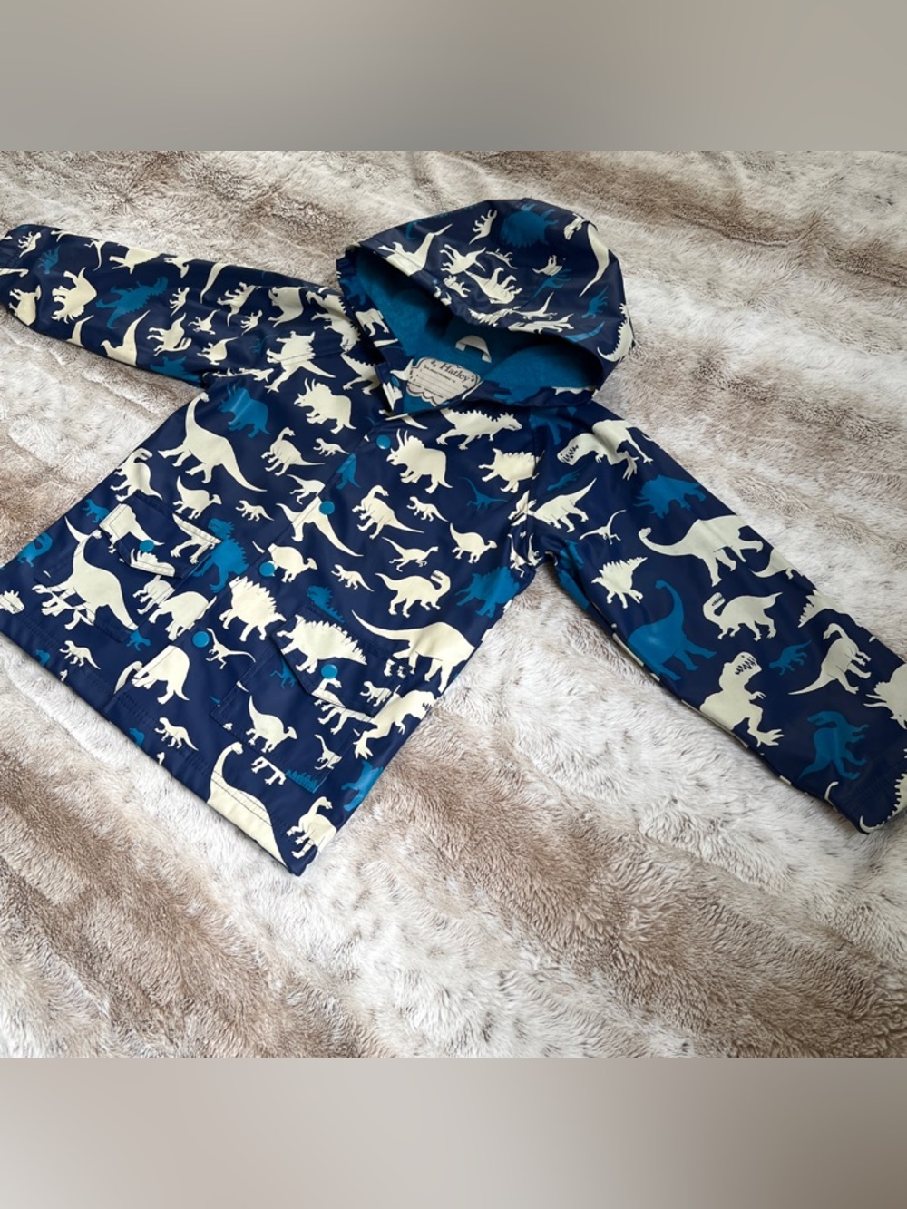 ๐ฆ6๐ฆHatley Kids Dinosaur Print Navy Blue White Snap Raincoat Jacket - Picture 3 of 11